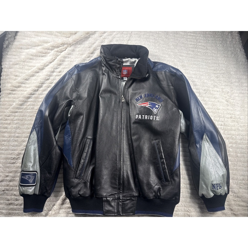 NFL New England Patriots Mens Medium Black Genuine Leather Bomber Jacket EUC